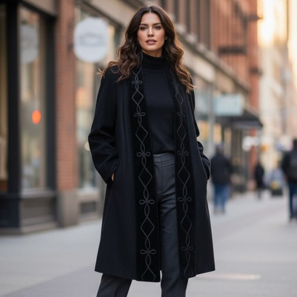 Alorna Black Wool Coat With Embroidered Trim Sz L